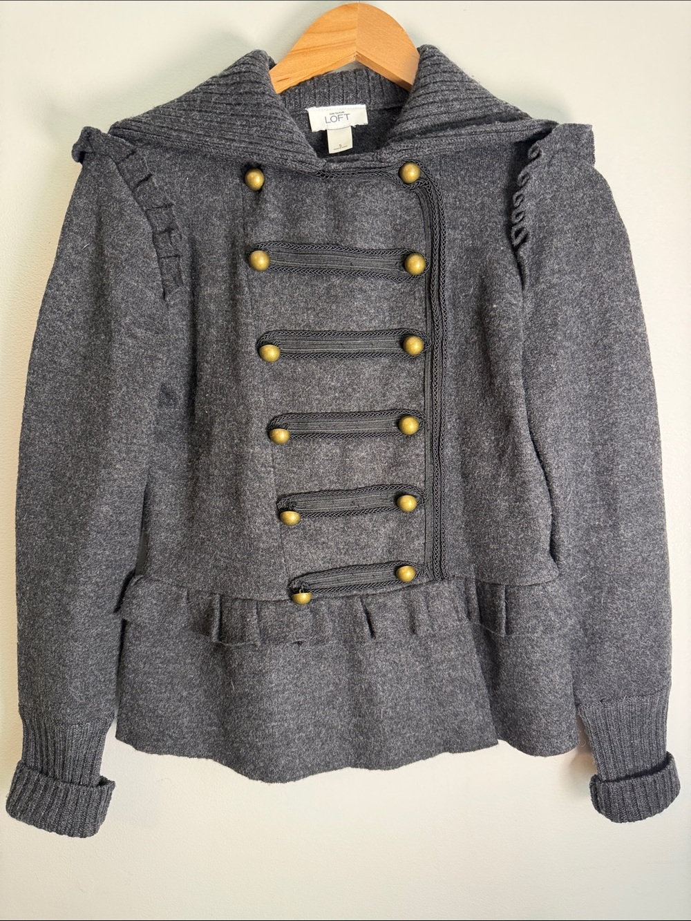 LOFT 100% Merino Wool Military Gold Button Peplum Sweater Jacket - Gray, Small